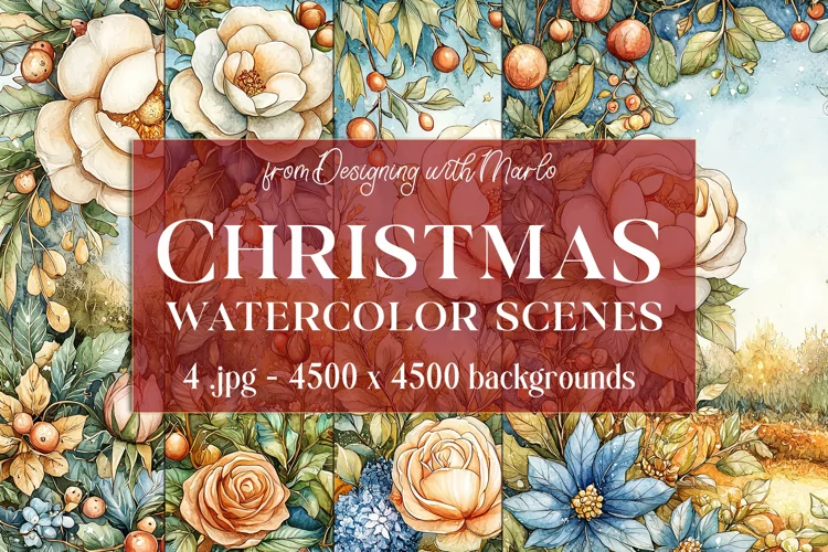 Christmas Backgrounds, Watercolor 15x15 Holiday Scenes, s35