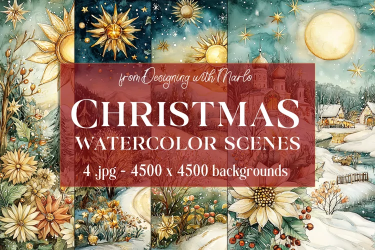 Christmas Backgrounds, Watercolor 15x15 Holiday Scenes, s45