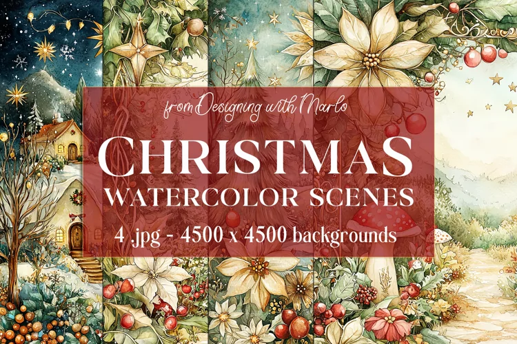 Christmas Backgrounds, Watercolor 15x15 Holiday Scenes, s9