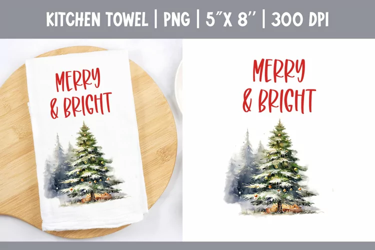 Christmas Kitchen Towel Sublimation Design | Watercolor Tree