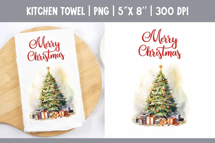 Christmas Kitchen Towel Sublimation Design | Watercolor Tree