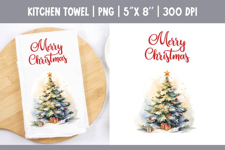 Christmas Kitchen Towel Sublimation Design | Watercolor Tree