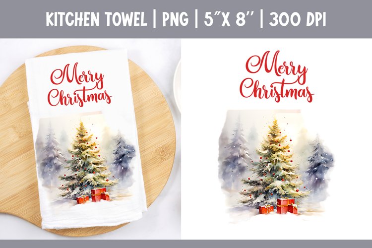 Christmas Kitchen Towel Sublimation Design | Watercolor Tree