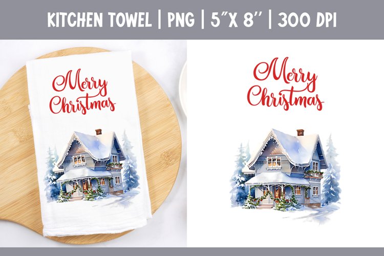 Christmas Kitchen Towel Sublimation Design | Winter House example image 1