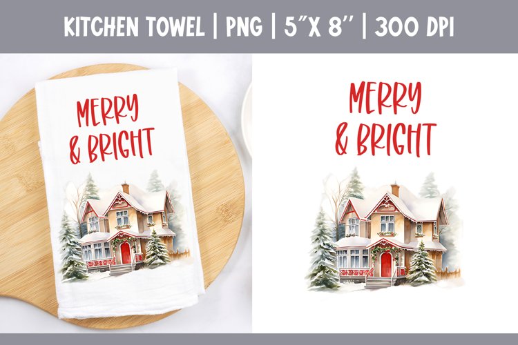Christmas Kitchen Towel Sublimation Design | Winter House example image 1