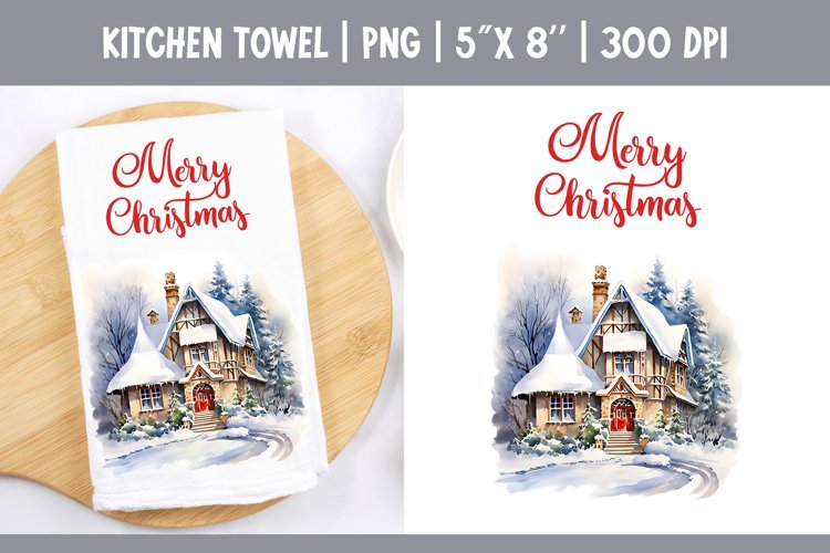 Christmas Kitchen Towel Sublimation Design | Winter House example image 1
