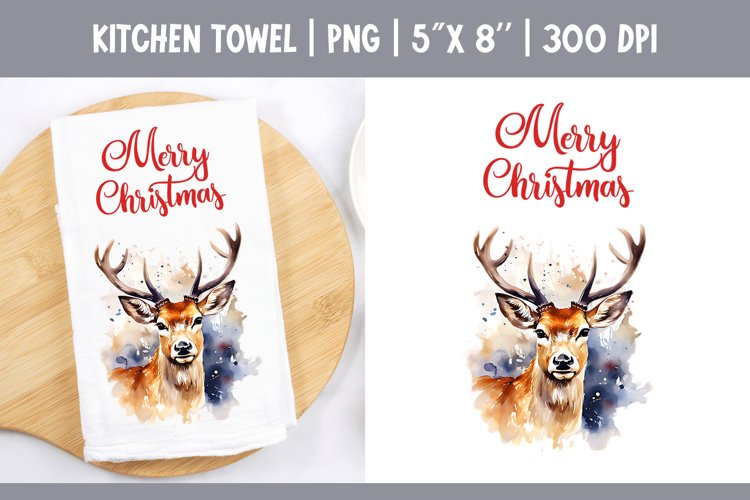 Christmas Kitchen Towel Sublimation Design | Watercolor Deer