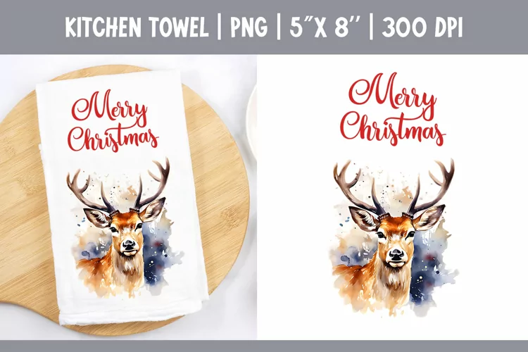 Christmas Kitchen Towel Sublimation Design | Watercolor Deer