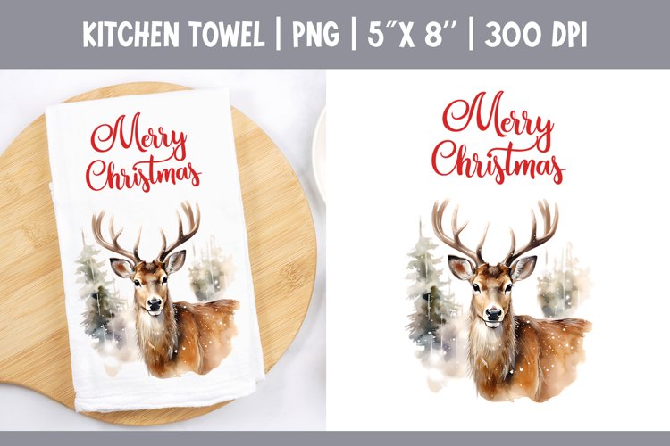 Christmas Kitchen Towel Sublimation Design | Watercolor Deer