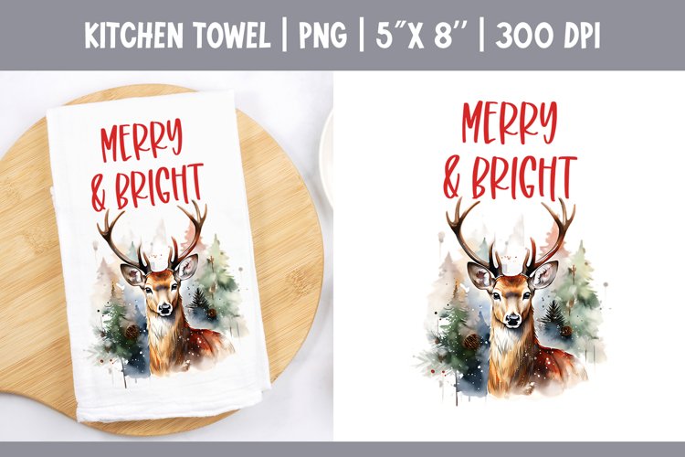 Christmas Kitchen Towel Sublimation Design | Watercolor Deer