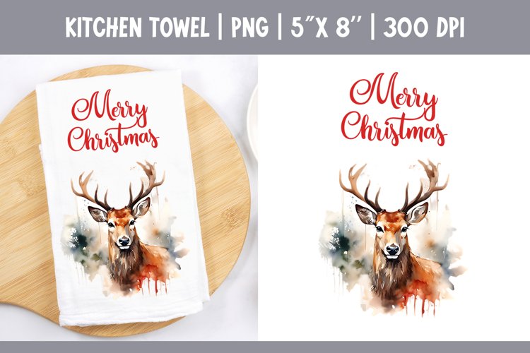 Christmas Kitchen Towel Sublimation Design | Watercolor Deer