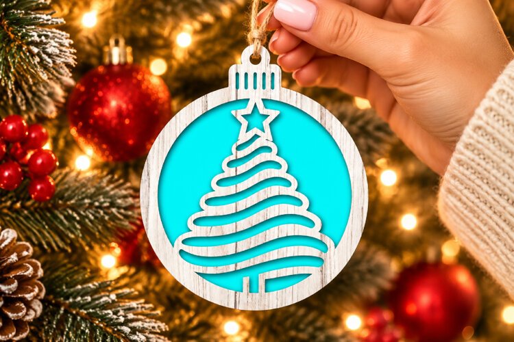 Christmas Wave Tree Ornament SVG, Laser Cut Bauble Star example image 1