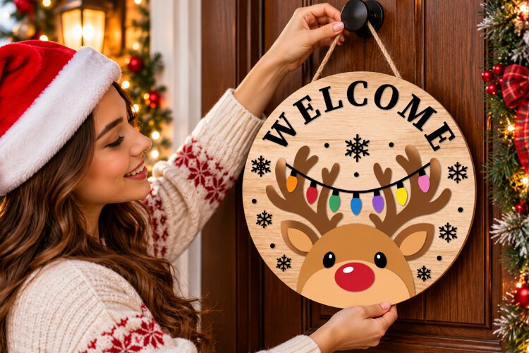 Christmas Welcome Sign SVG, Reindeer Door Hanger File SVG example image 1