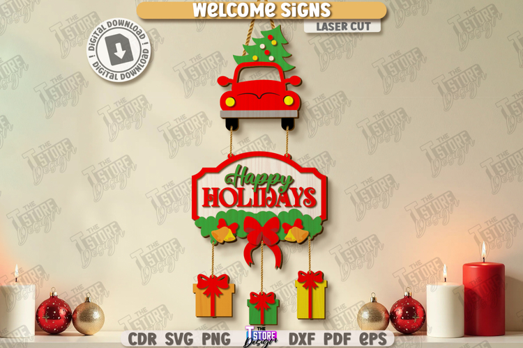 Christmas Welcome Sign Laser Cut | Winter Front Door Decor