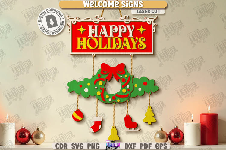 Christmas Welcome Sign Laser Cut | Winter Front Door Decor