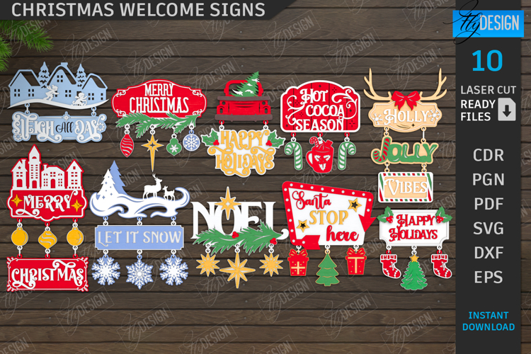 Christmas Welcome Signs Laser Cut Bundle|Xmas Wall Decor SVG