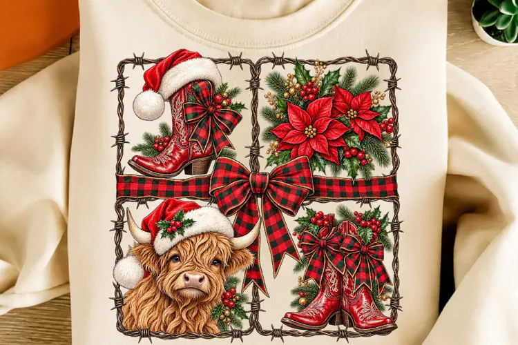 Christmas Highland Cow & Cowboy Boots PNG | Buffalo Plaid