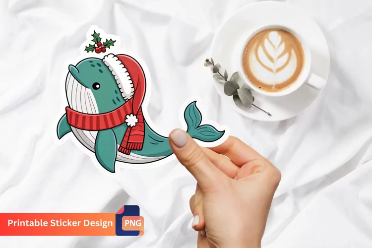 Christmas Whale Sticker, Christmas Whale Vinyl Sticker