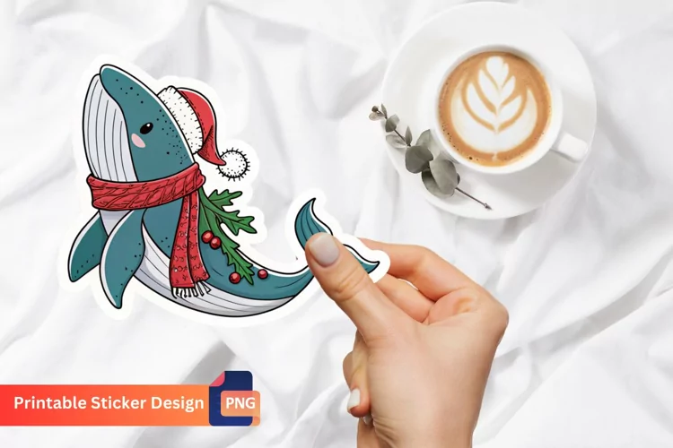 Christmas Whale Sticker, Christmas Whale Vinyl Sticker
