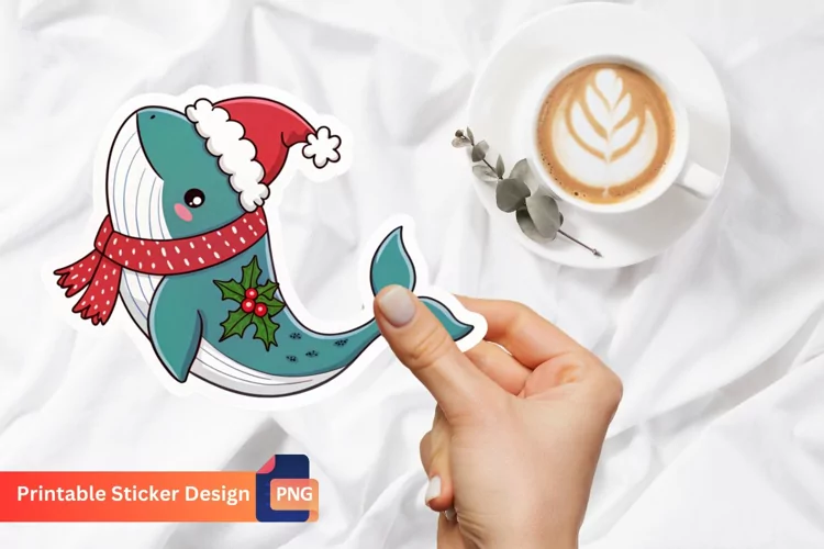 Christmas Whale Sticker, Christmas Whale Vinyl Sticker