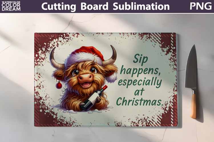 Christmas Cutting Board | Highland Cow Wine Cutting Board