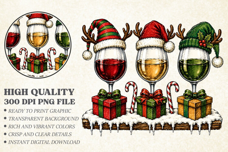 Christmas Wine Glass Trio PNG, Festive Holiday Cocktail example image 1