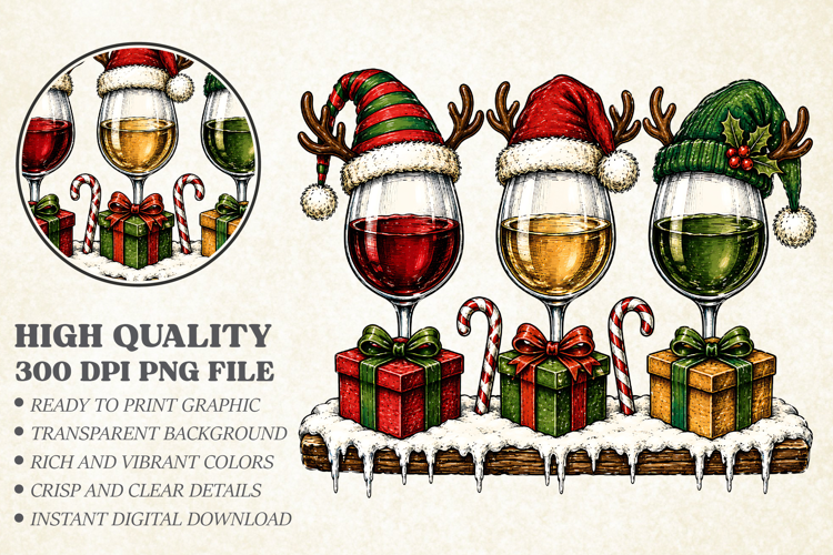 Christmas Wine Glass Trio PNG, Festive Holiday Cocktail