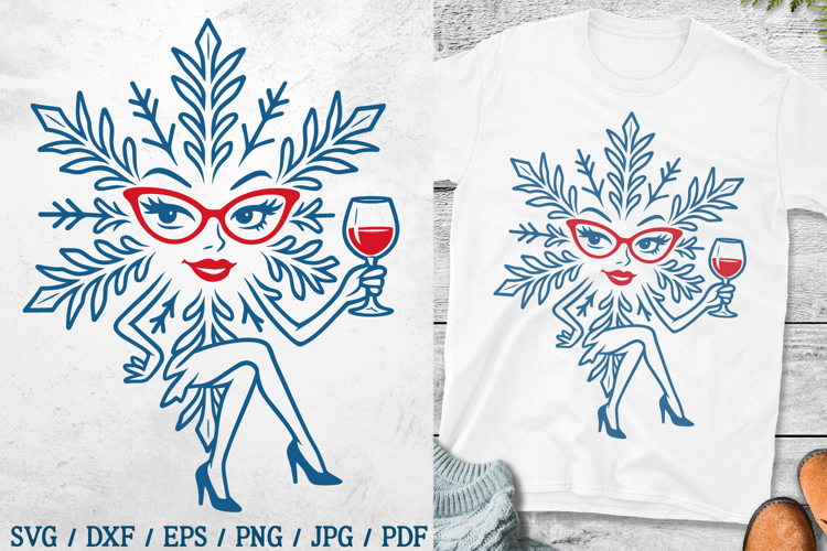 Christmas Wine Snowflake SVG | Festive Woman Silhouette PNG