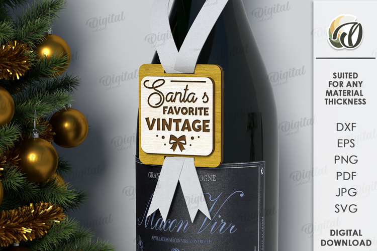 Christmas Wine Bottle Tag Laser Cut. Gift Tag SVG