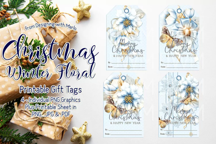 Elegant Christmas Winter Floral Printable Gift Tags & Sheet