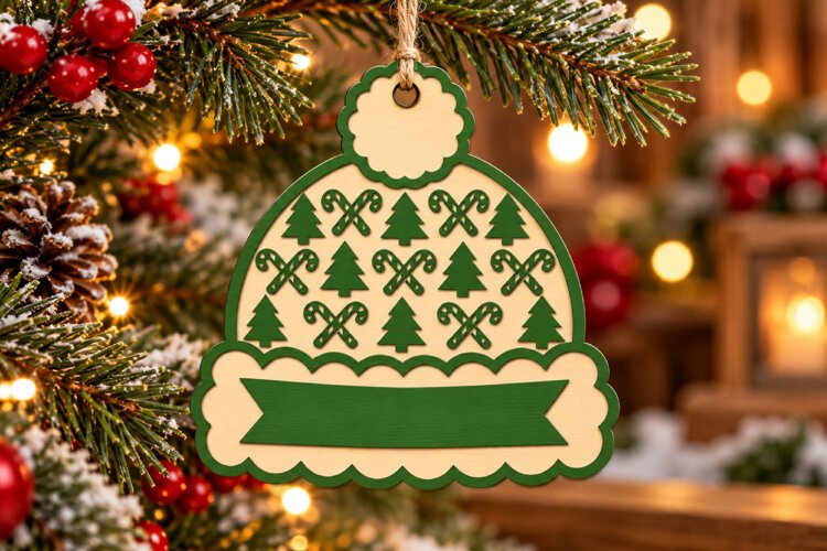 Christmas Winter Hat Ornament SVG File, Candy Laser Cut example image 1