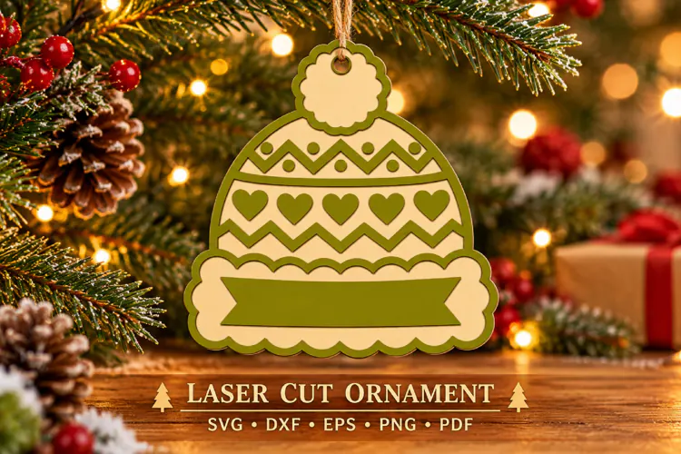 Christmas Winter Hat Ornament SVG File, Heart Laser Cut