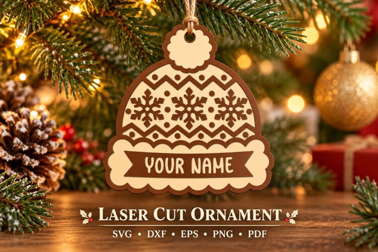Christmas Winter Hat Ornament SVG File, Snowflake Laser Cut example image 1