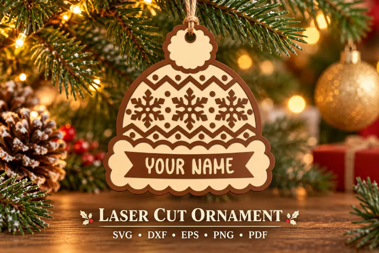 Christmas Winter Hat Ornament SVG File, Snowflake Laser Cut