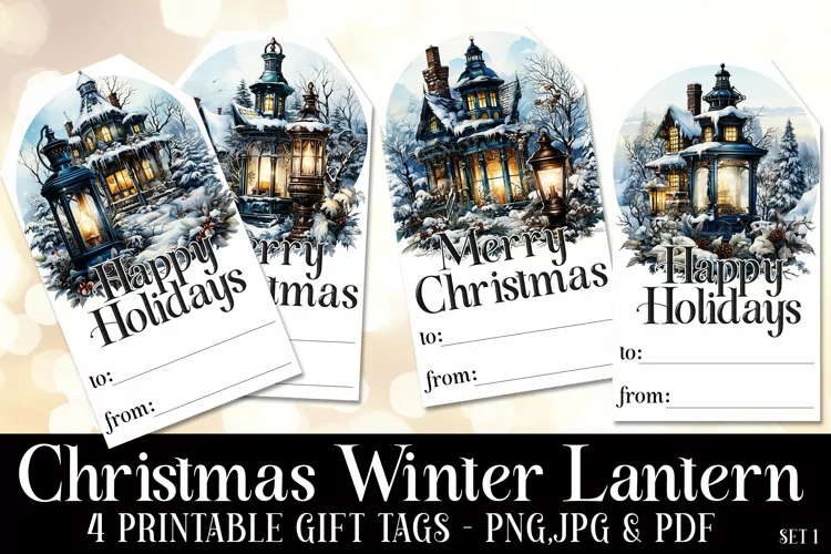 Christmas Elegant Lanterns Gift Tags & Sheet, Printable s1