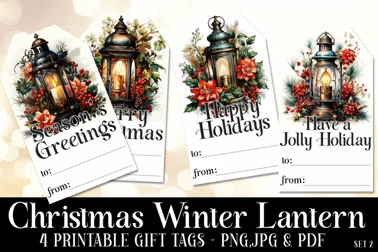 Christmas Elegant Lanterns Gift Tags & Sheet, Printable s2