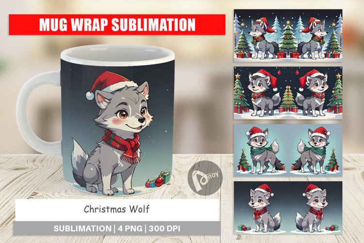 Mug Wrap Design Cartoon Christmas Wolf