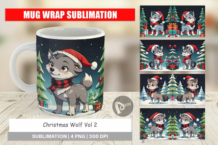 Mug Wrap Design Cartoon Christmas Wolf