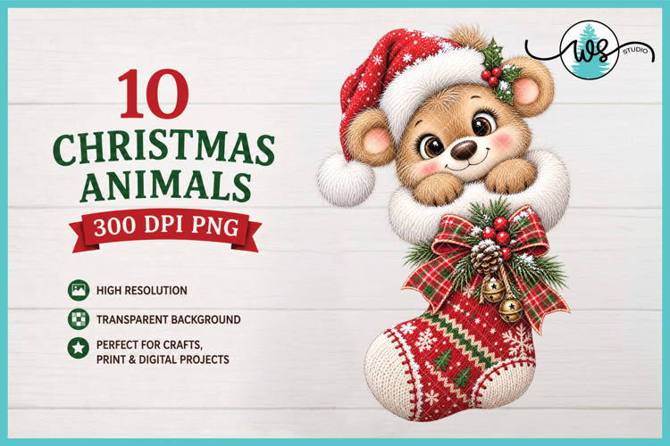 Christmas Woodland Animals in Stockings PNG Clipart