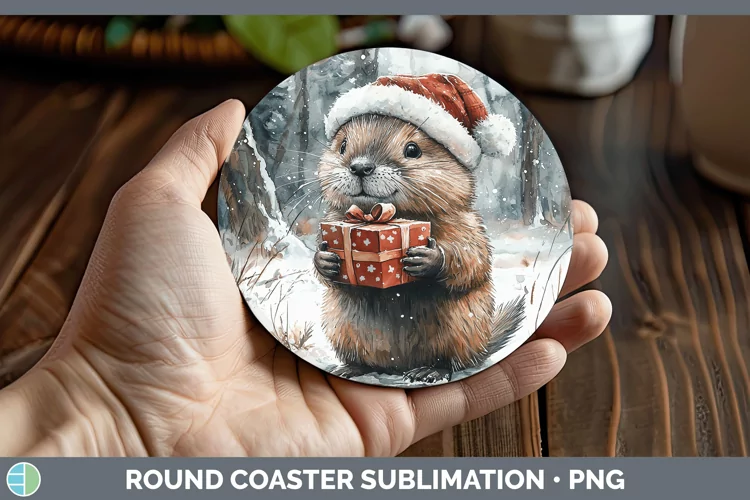 Christmas Woodland Beaver Round Coaster Sublimation Coaster