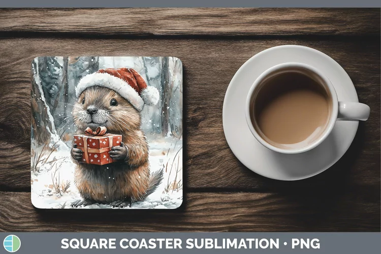 Christmas Woodland Beaver Square Coaster Sublimation Coaster