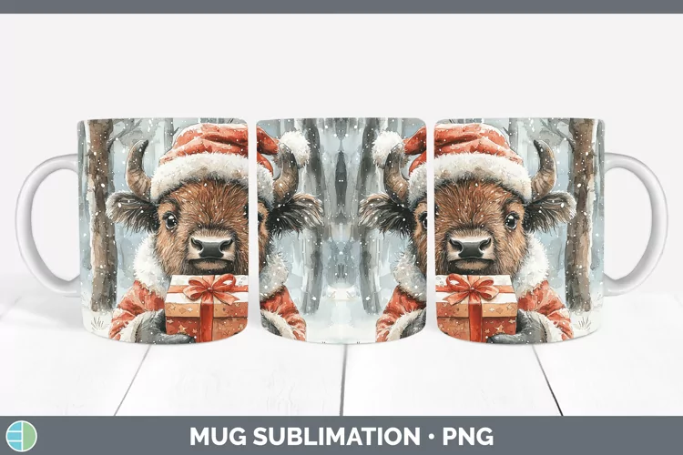 Christmas Woodland Bison Mug Wrap Sublimation Coffee Cup Des