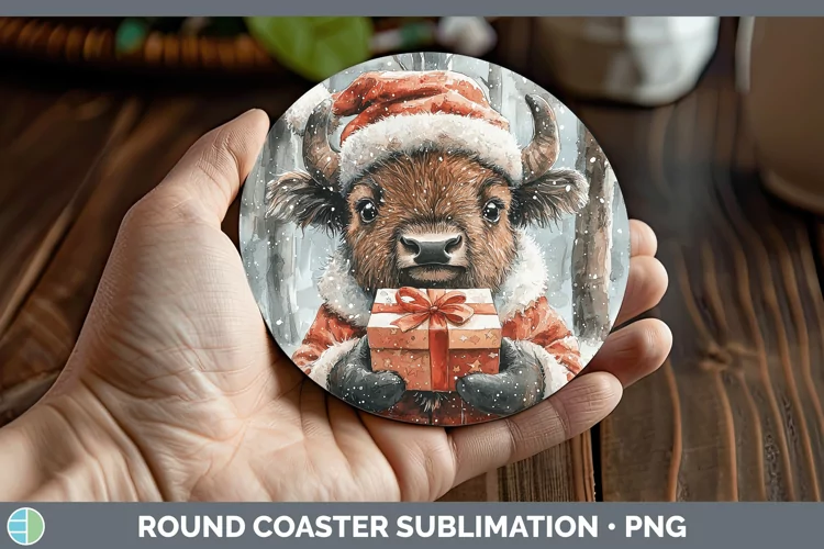 Christmas Woodland Bison Round Coaster Sublimation Coaster D
