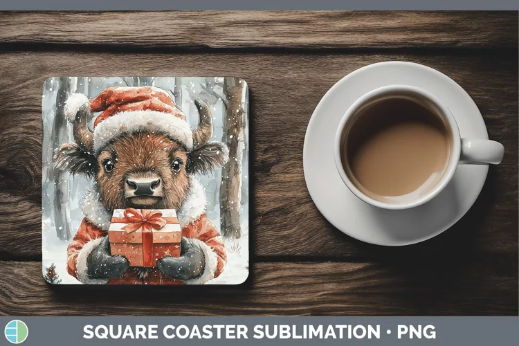 Christmas Woodland Bison Square Coaster Sublimation Coaster