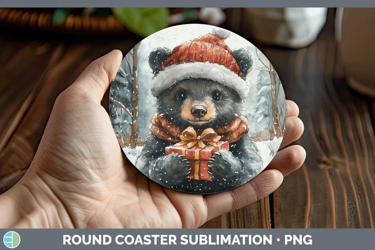Christmas Woodland Black Bear Round Coaster Sublimation Coas