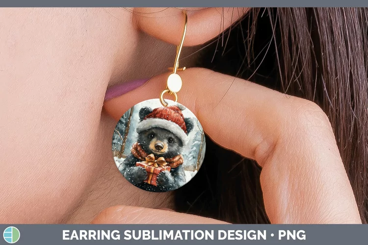 Christmas Woodland Black Bear Round Earrings Sublimation Ear