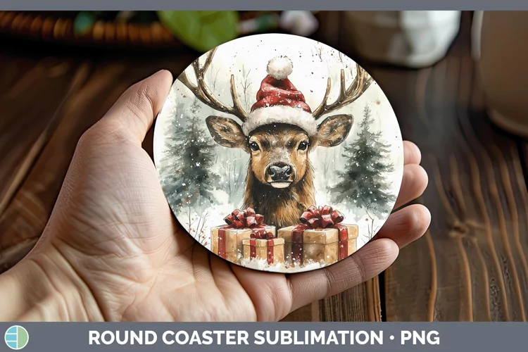 Christmas Woodland Elk Round Coaster Sublimation Coaster Des