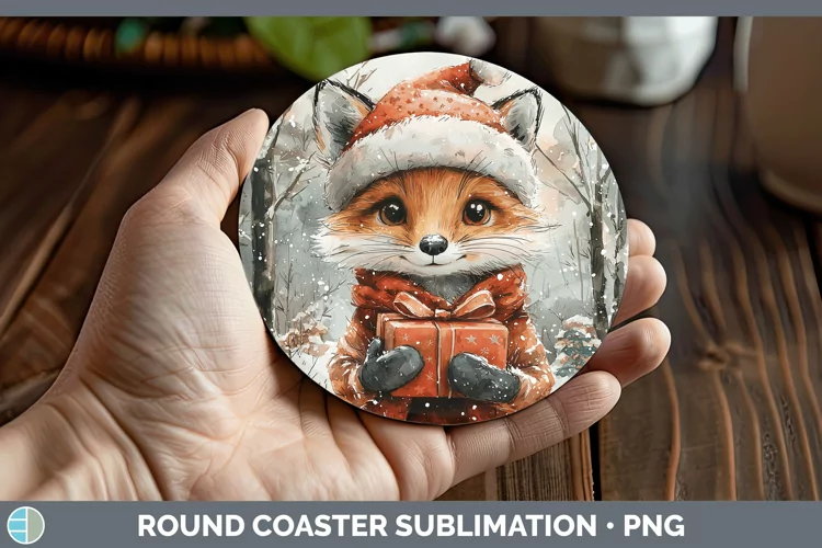 Christmas Woodland Fox Round Coaster Sublimation Coaster Des
