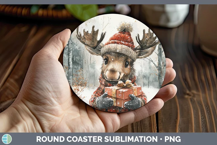 Christmas Woodland Moose Round Coaster Sublimation Coaster D