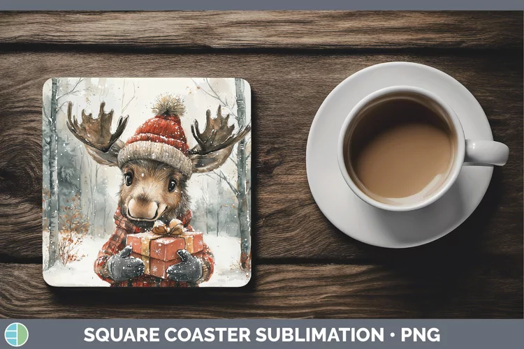 Christmas Woodland Moose Square Coaster Sublimation Coaster